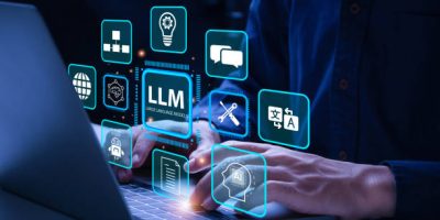 LLM, AI Large Language Model concept. Businessman working on laptop with LLM icons on virtual screen. A language model distinguished by its general-purpose language generation capability. Chat AI.